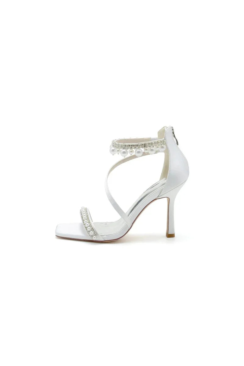 Square Open Toe Pearl Satin Stiletto Heels