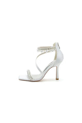 Square Open Toe Pearl Satin Stiletto Heels