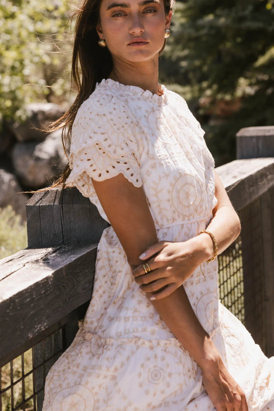 Alena Eyelet Lace Dress in Beige
