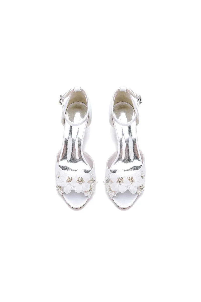 Peep Toe Rhinestone Chunky Heel Pumps with Flower