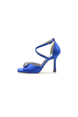 Crystal Buckle Square Open Toe Cross Straps Chunky Heels