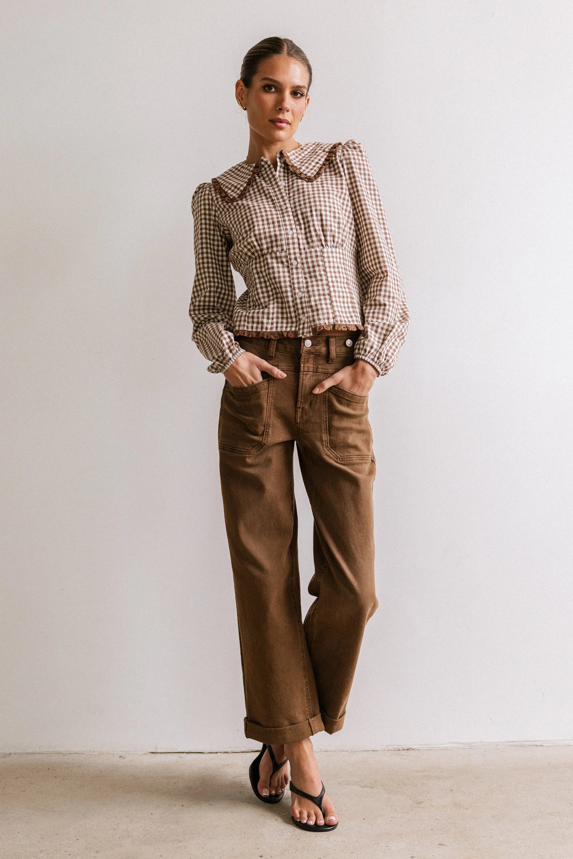 Brenna Gingham Blouse in Mocha FINAL SALE