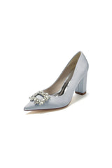 Pointed Toe Block Heels with Rhinestone