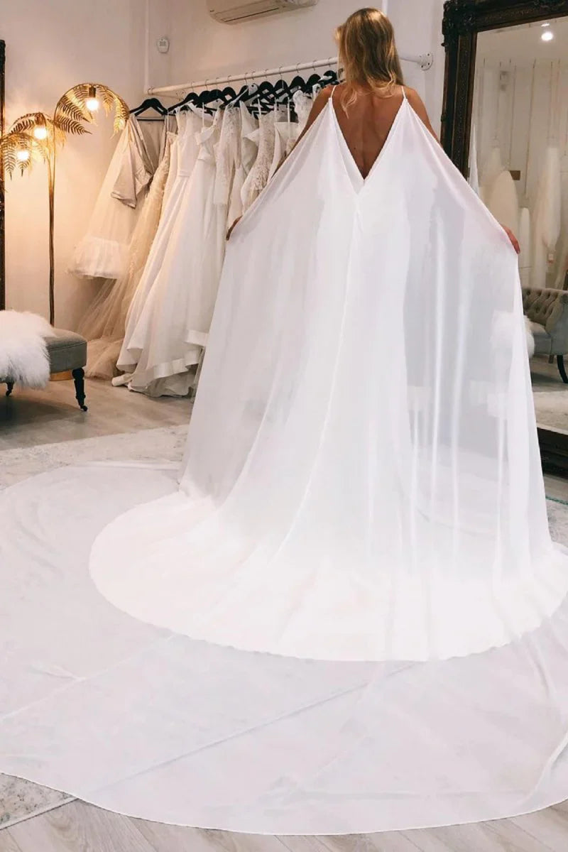 Simple White Watteau Train Boho Long Mermaid Wedding Dress