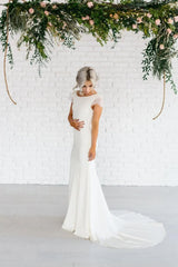 Bateau Neck Lace Cap Sleeve Sheath Satin Chiffon Dress With Cowl Back