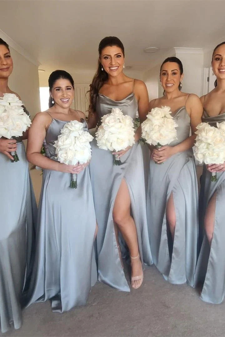 Dusty Blue Straps Cowl Neck Satin Long Bridesmaid Dress with Slit