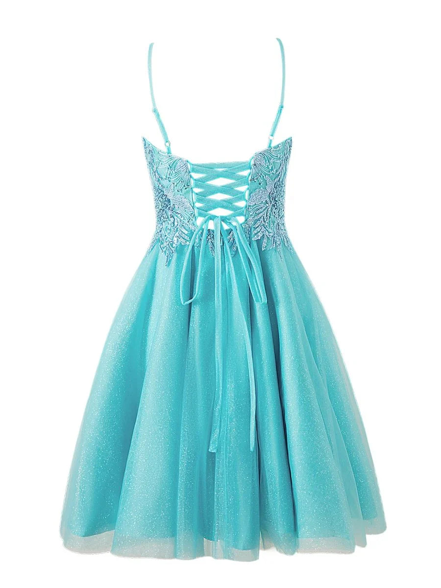 A line Short Spaghetti Strap Glitter Tulle Homecoming Dress