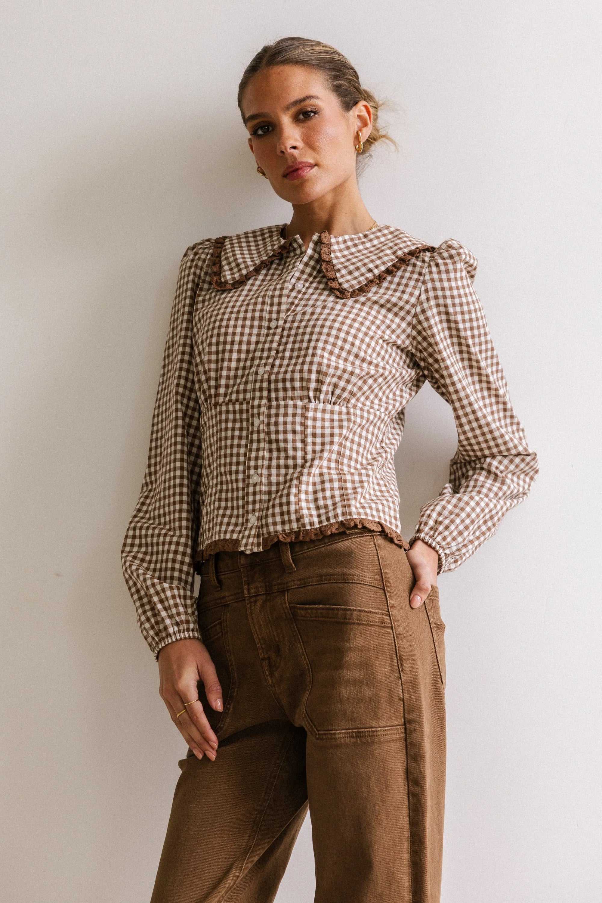 Brenna Gingham Blouse in Mocha FINAL SALE