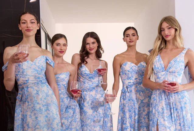 CASSIE GOWN BLUE STRAPLESS A LINE FLORAL CHIFFON DRESS