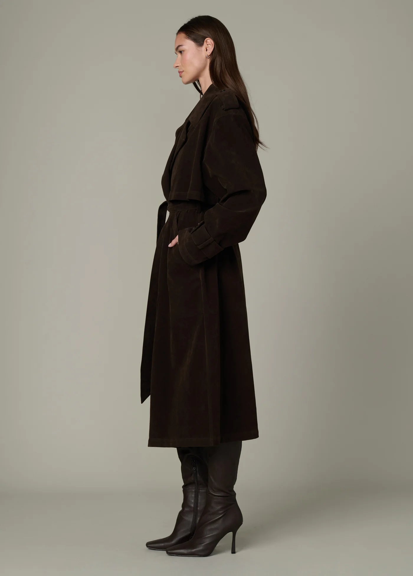 THE ELIZABETH VEGAN SUEDE TRENCH COAT