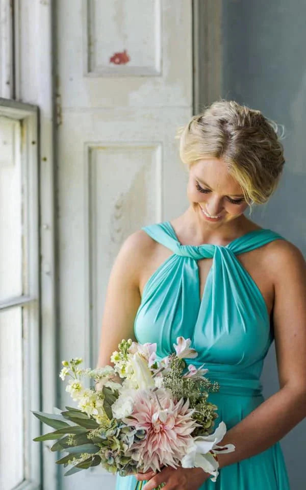 A Line Halter Neck Jersey Bridesmaid Dress With Half Sleeves And Straps Back