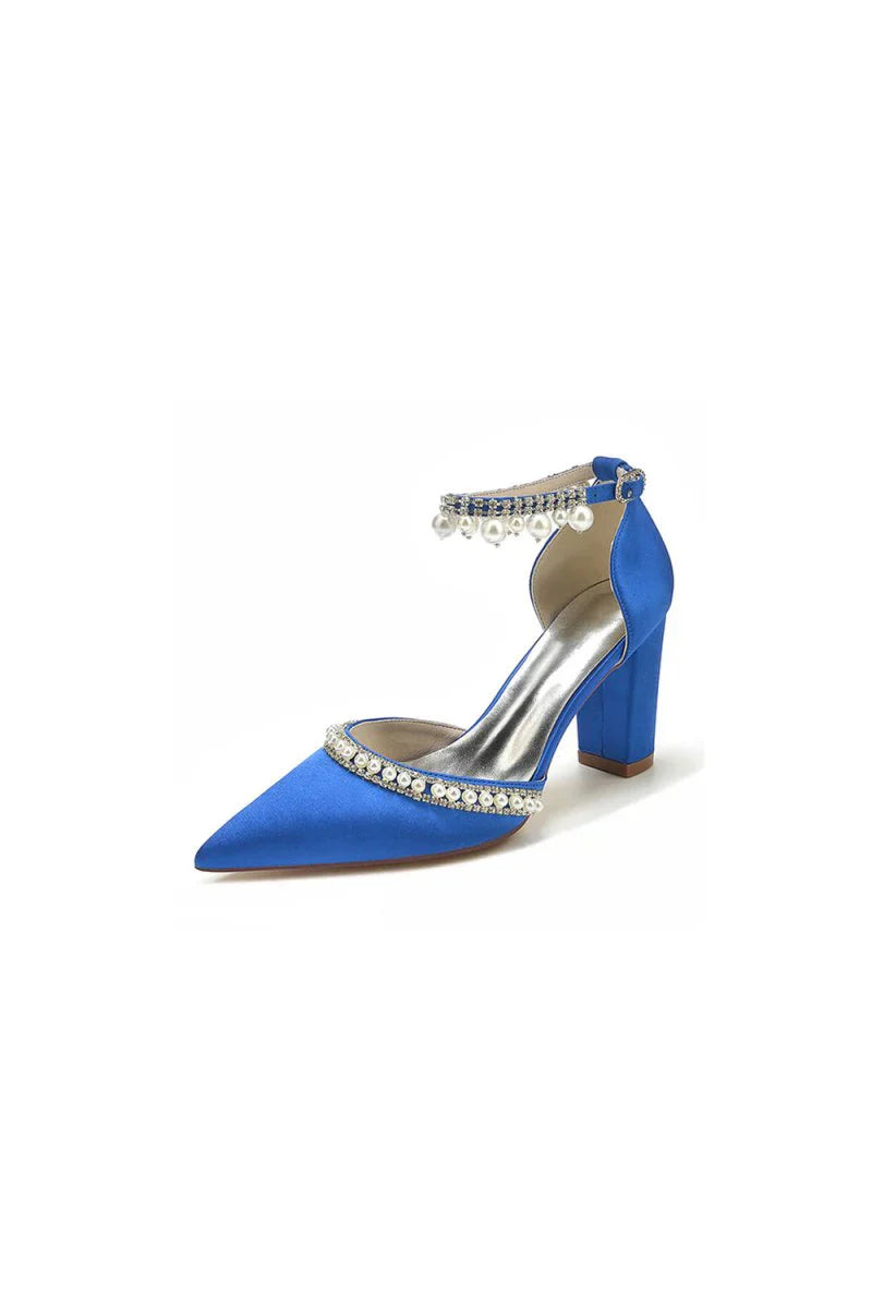 Womens Wedding Shoes Satin Block Heel Pearl Rhinestone Tassel Wedding Shoes