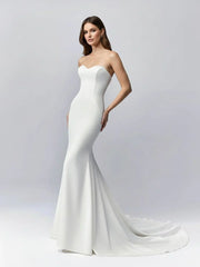 White Simple Sweep Train Boho Long Mermaid Wedding Dress