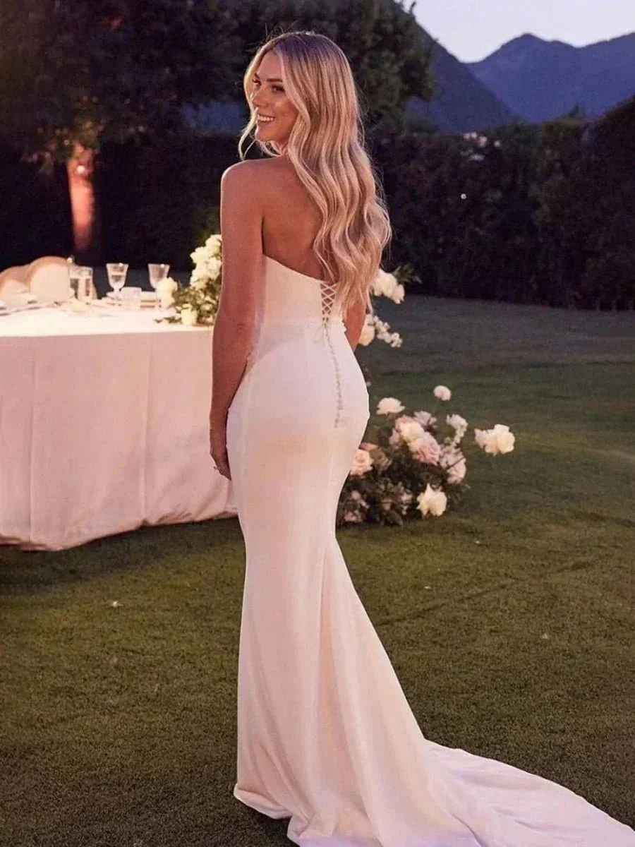 Elegant Mermaid Strapless Elastic Satin Wedding Dresses with Train