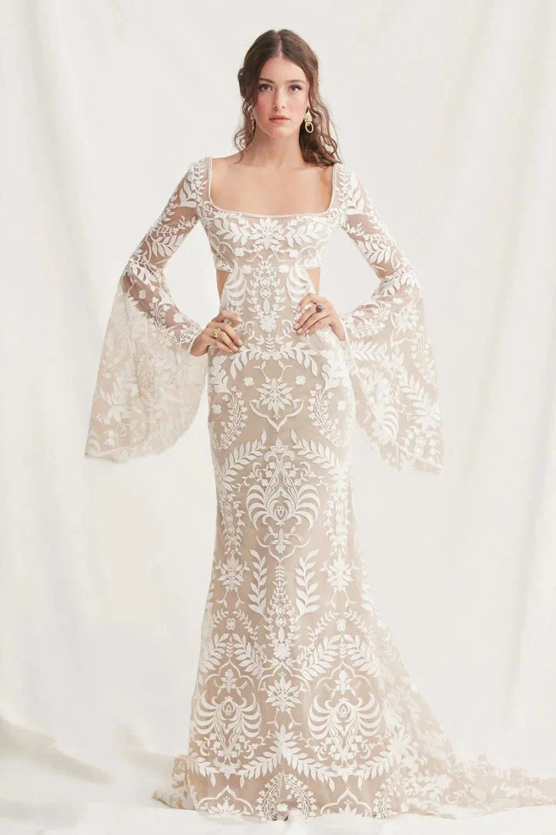 White Mermaid Enchantment Flower Prints Wedding Dress