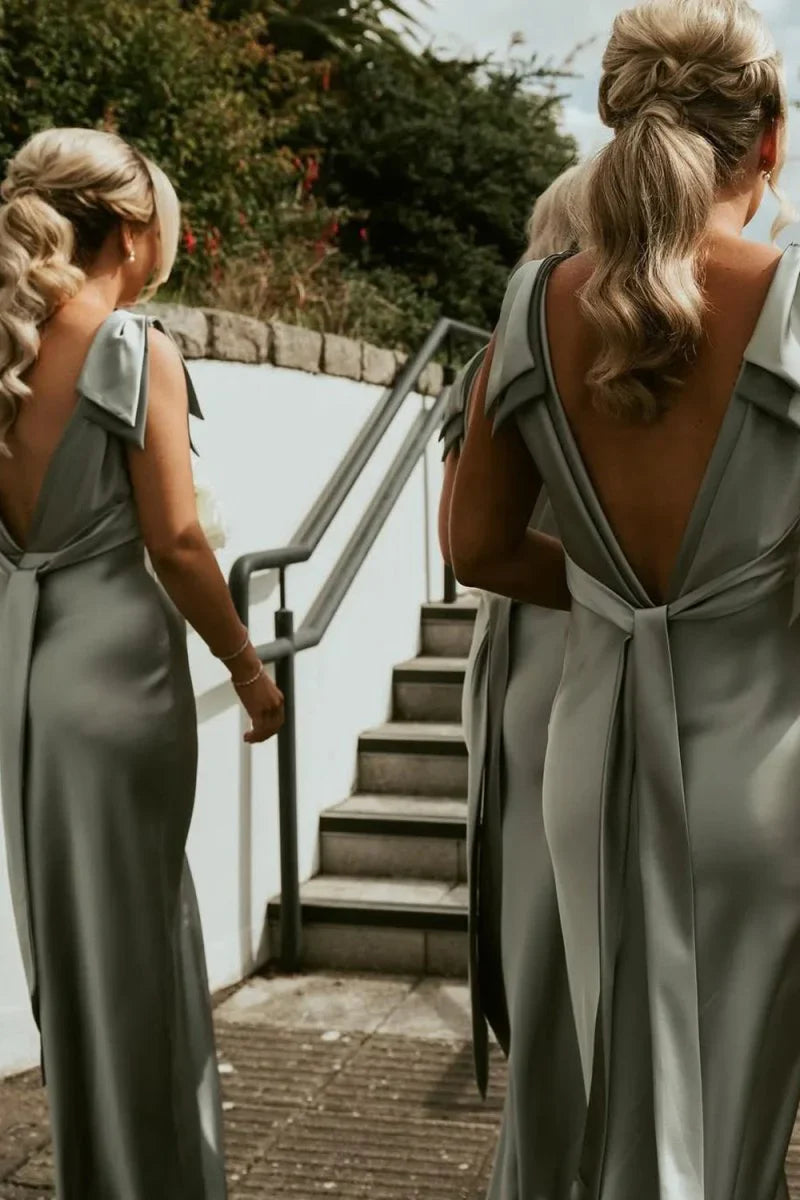 Sheath V Neck Sage Green Silk Satin Bridesmaid Dress with Bow