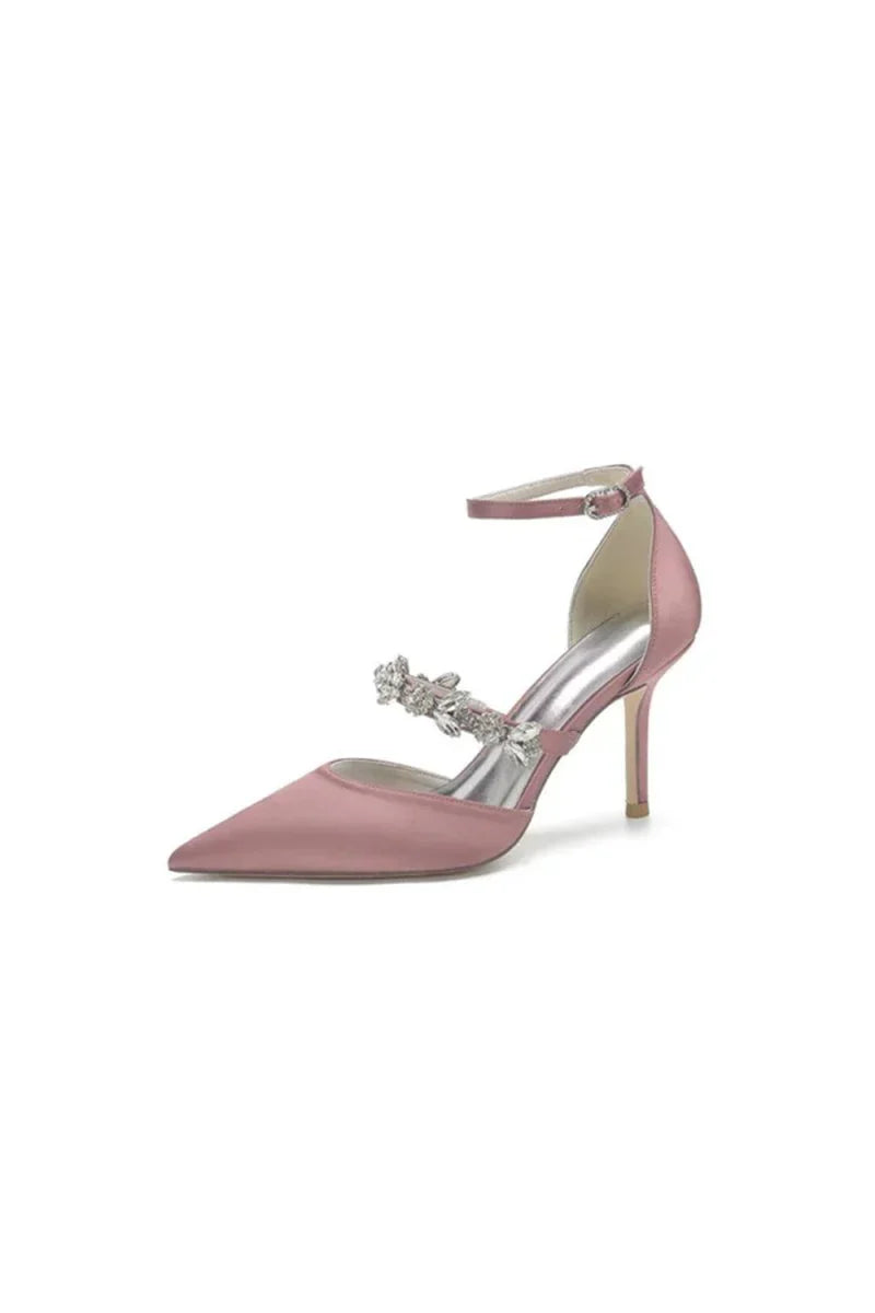 Crystal Strap Pointed Toe Satin High Heels