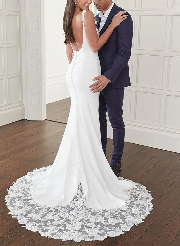 Trumpet Mermaid Square Neckline Lace Elastic Satin Wedding Dresses