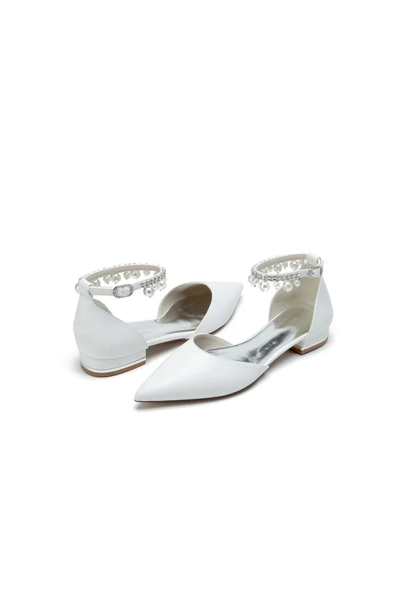Pointed Toe Ankle Strap Pearl Beaded Low Heels