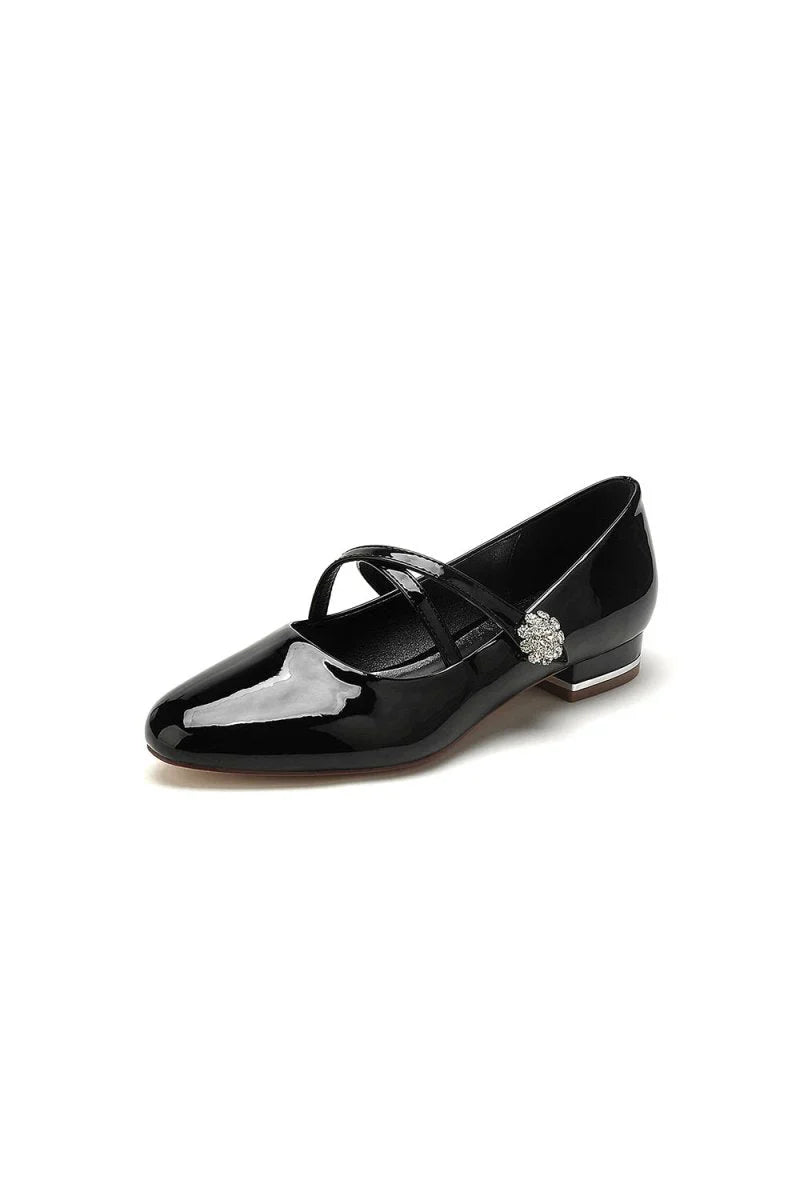 Beaded Pointed Toe Strap Buckle Patent Leather Low Heels