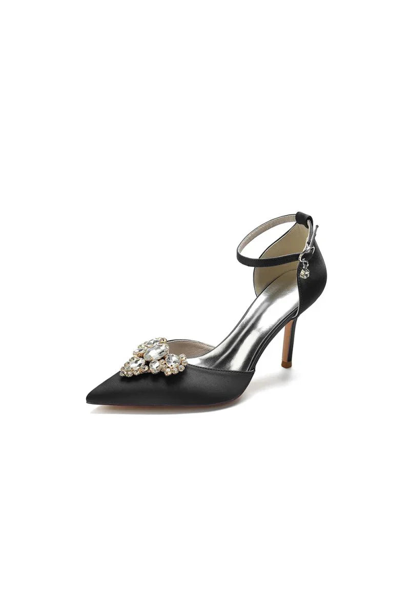 Cocktail Pointed Toe Crystal Buckle Strap Heels