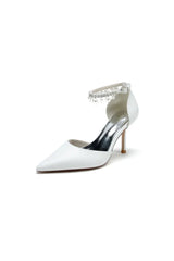 Satin Pointed Toe Pearl Beaded Ankle Strap Simple Wedding Shoes