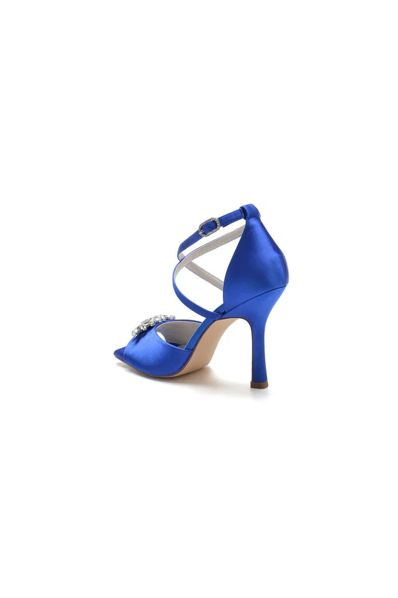 Crystal Buckle Square Open Toe Cross Straps Chunky Heels