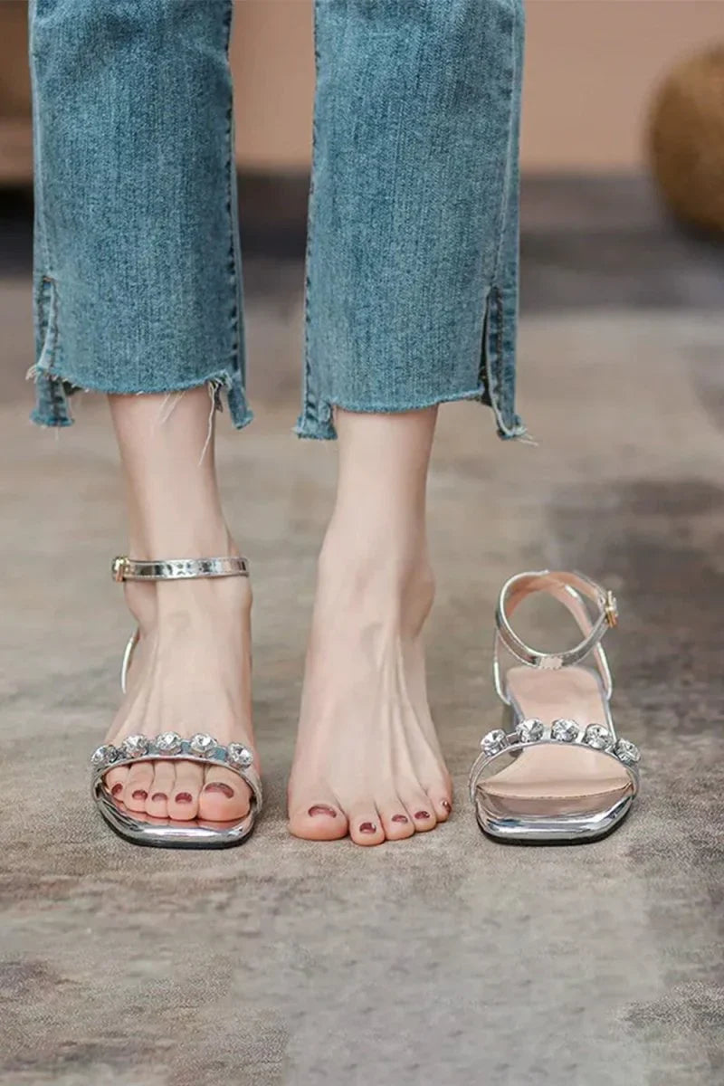 Square Open Toe Low Heel Ankle Strap Party Shoes With Rhinestone