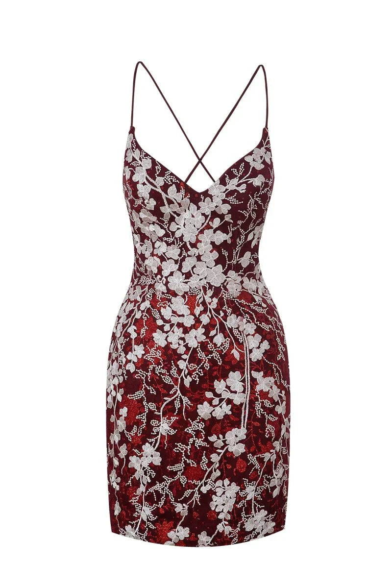 Sheath Short Spaghetti Straps Lace Homecoming Dress