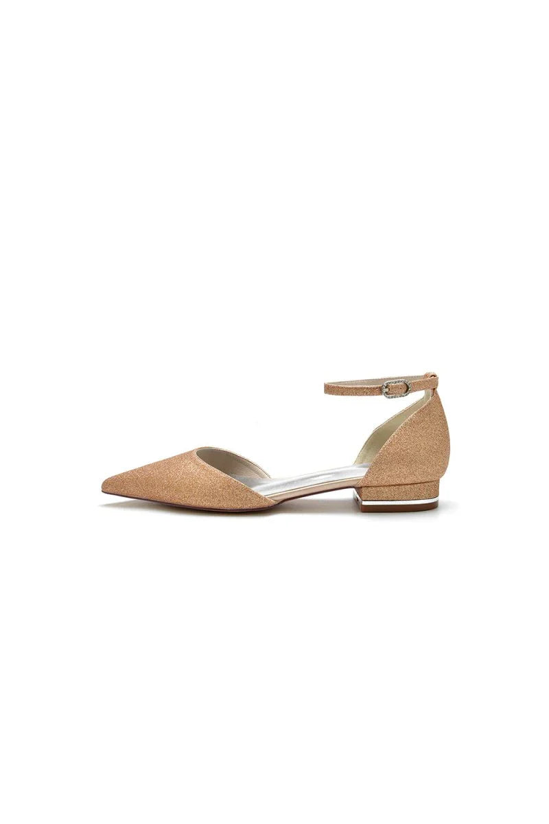 Stretch Glitter With Ankle Strap Pointed Toe Flat Heel Party Shoes