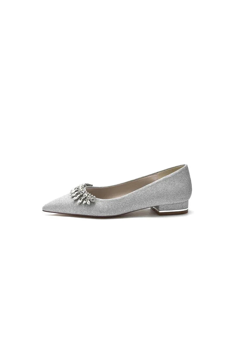 Pointed Toe Glitter Low Heels With Rhinestone