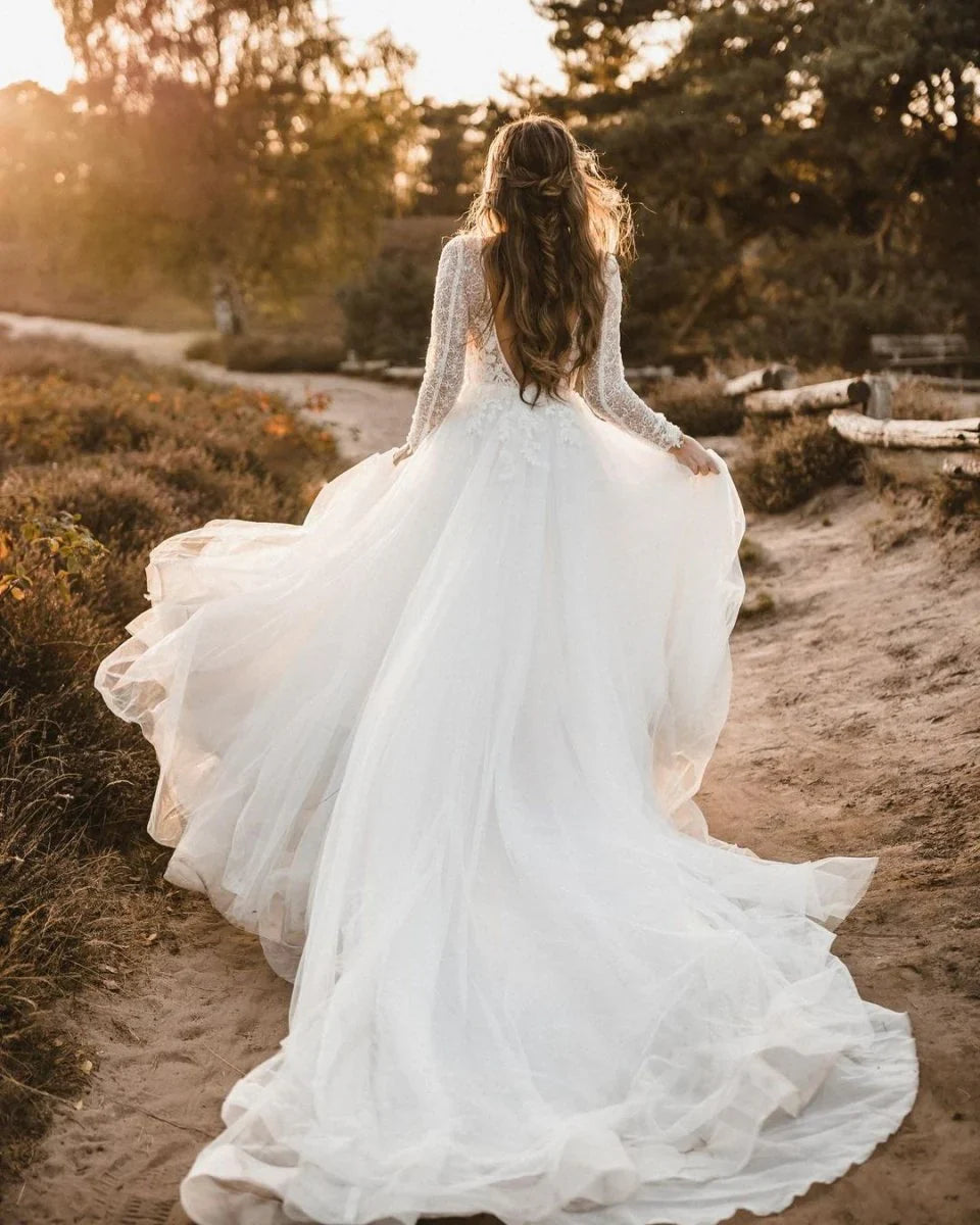 Elegant A Line V Neck Tulle Wedding Dresses with Lace